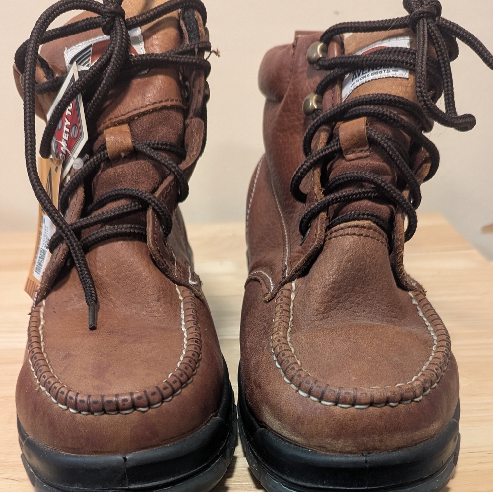 Avenger Men's 8.5 Chestnut Leather Safety Boots Moc Steel Toe‎ Lace Up - Picture 2 of 8